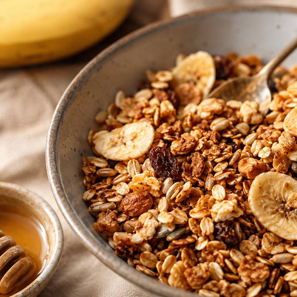 Granola su medumi ir bananais