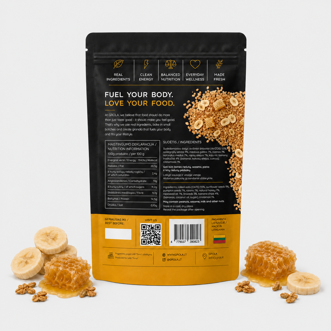 Granola su medumi ir bananais